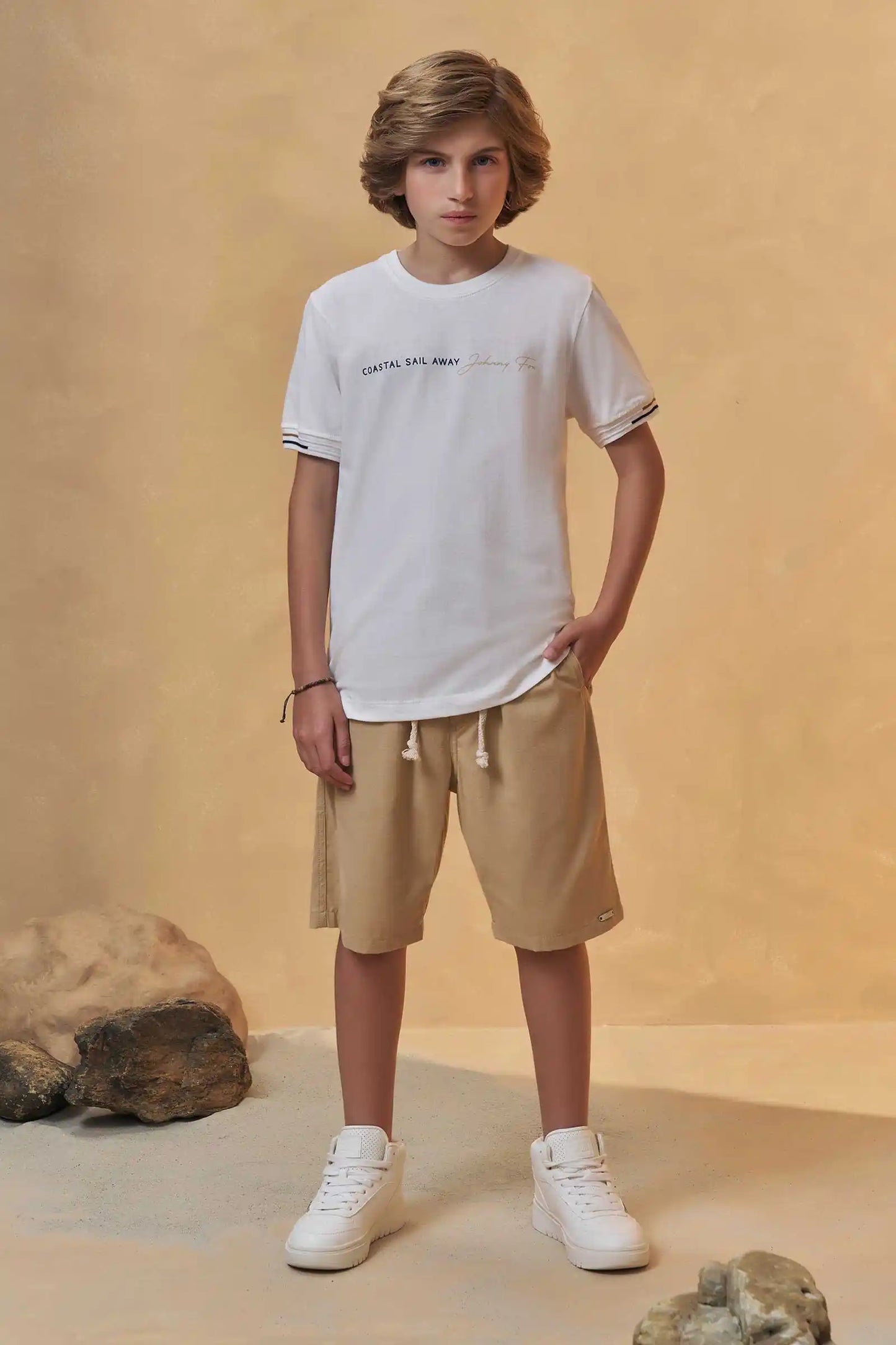 Conjunto Infantil Camiseta  Algodão Coast  e Bermuda Bege - Little Johnny
