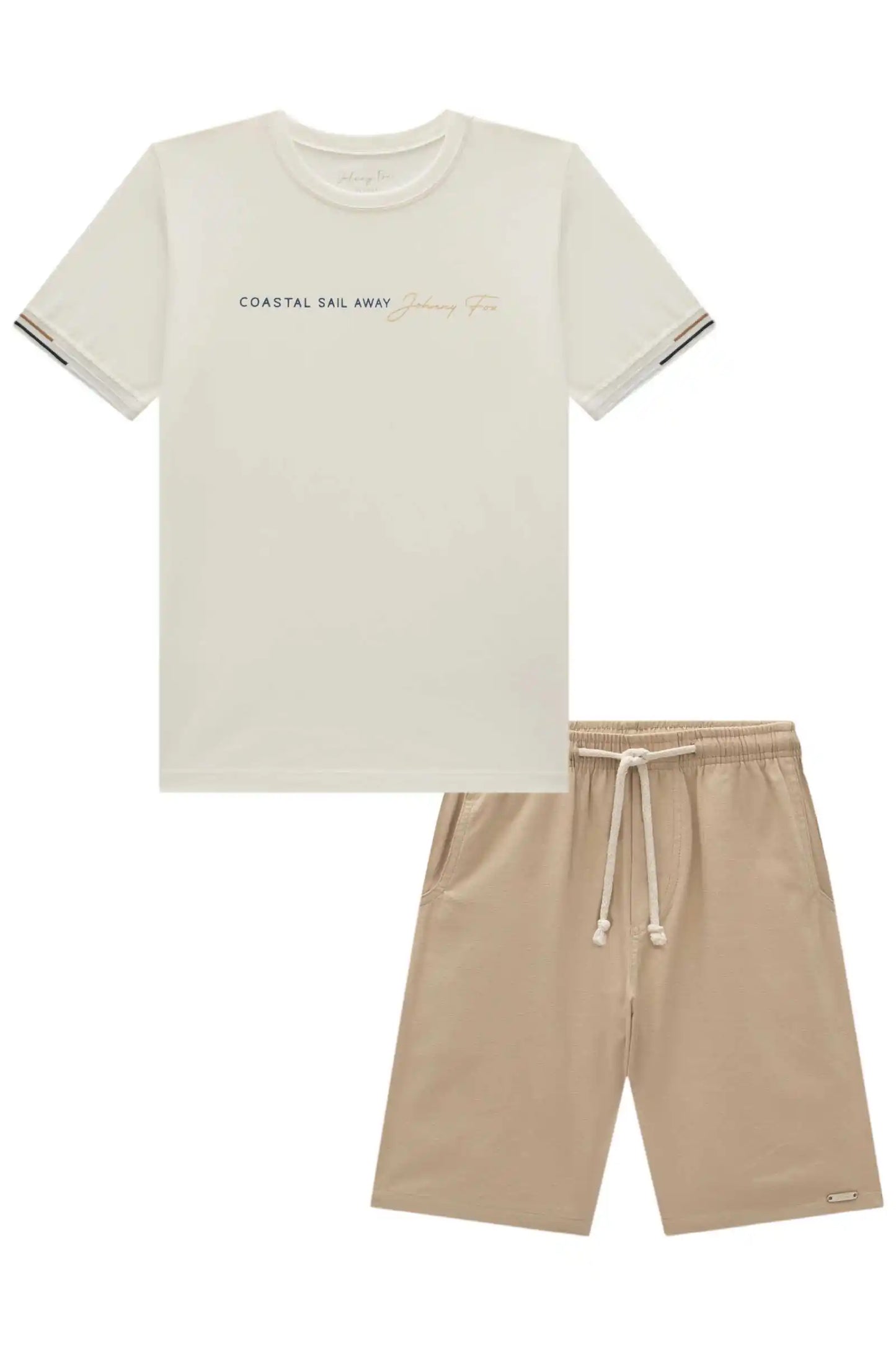 Conjunto Infantil Camiseta  Algodão Coast  e Bermuda Bege - Little Johnny