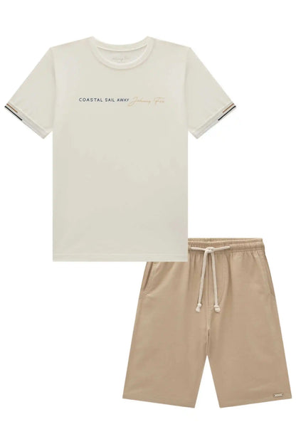 Conjunto Infantil Camiseta  Algodão Coast  e Bermuda Bege - Little Johnny