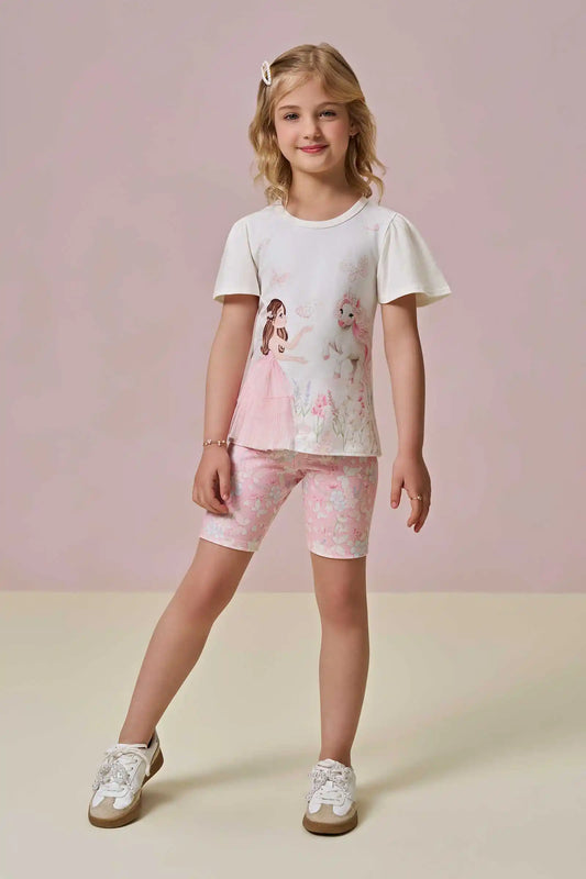 Conjunto Infantil Blusa Princesa  e Shorts Bike Rosa - Infanti - Pré Venda