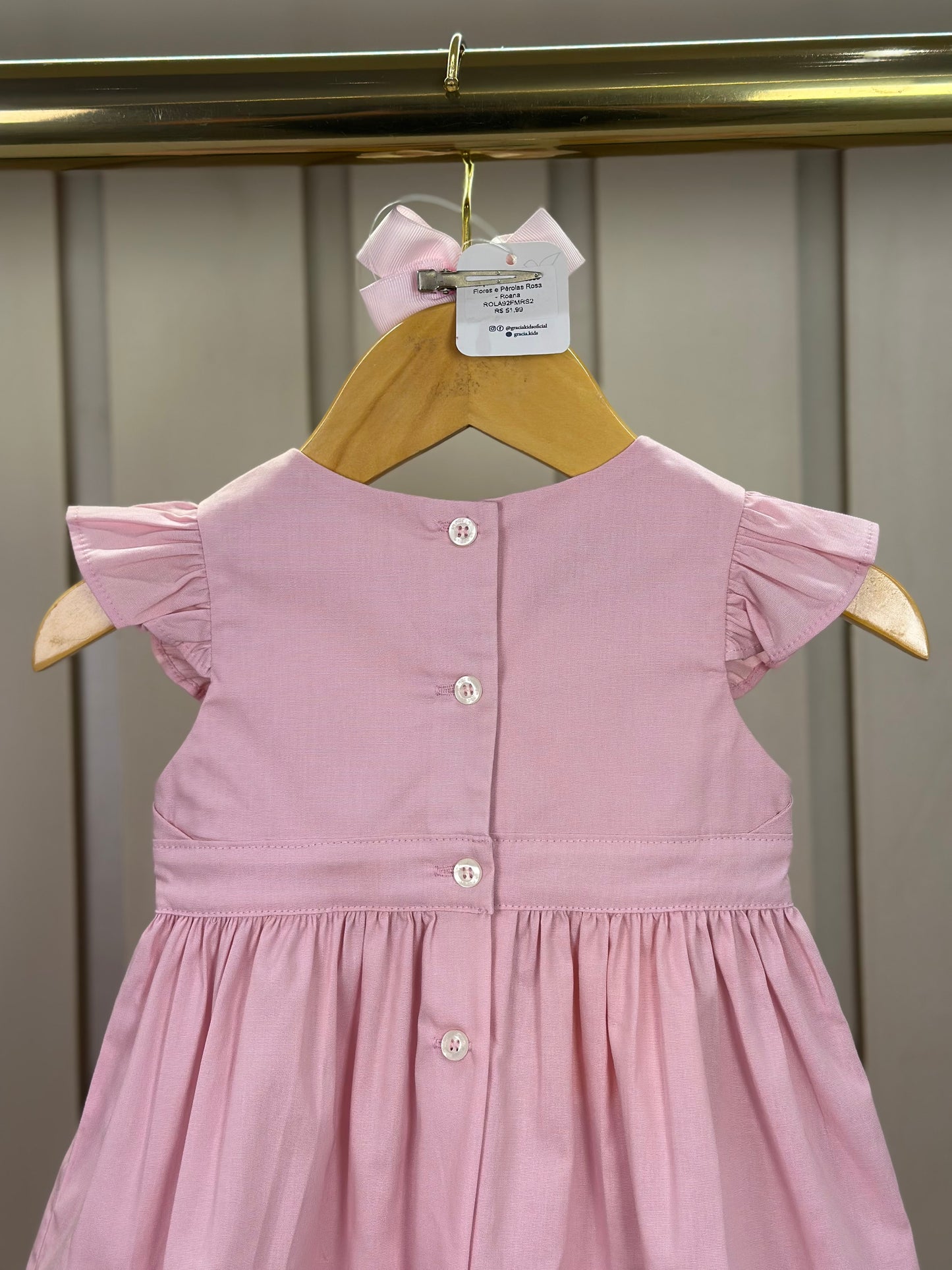 Vestido Bebê Algodão Rodado Bolsos e Bordado Floral Rosa Claro - Um Mais Um