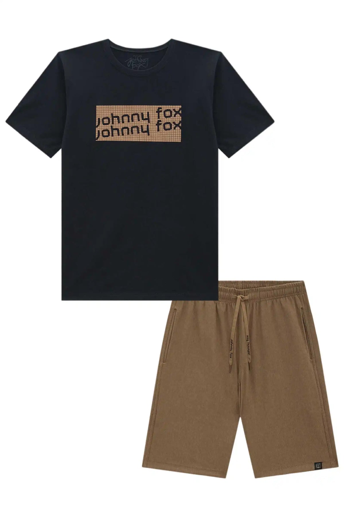 Conjunto Infantil Camiseta Preta JF e Bermuda Marrom - Little Jhonny