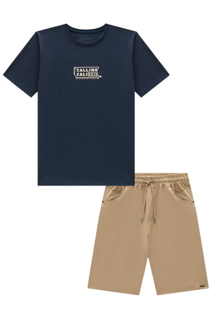 Conjunto Infantil Camiseta Calling e Bermuda Bege  - Little Johnny