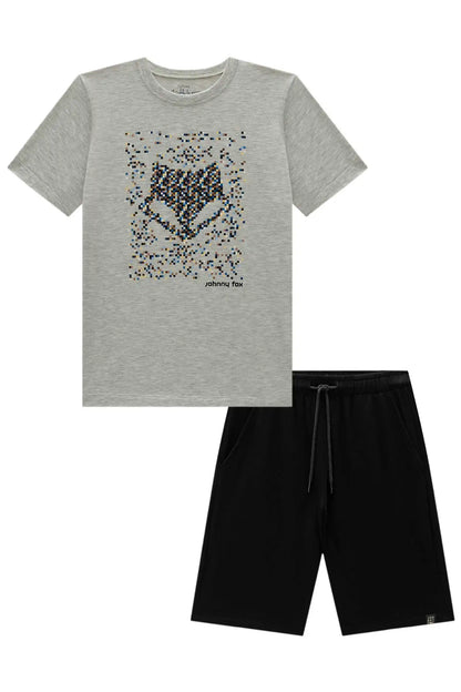 Conjunto Infantil Camiseta Cinza LJ e Bermuda Preta - Little Johnny