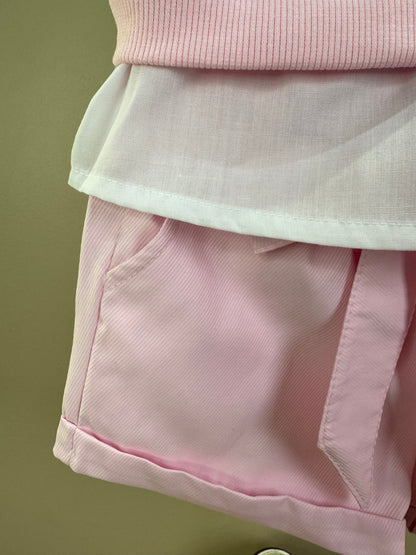 Conjunto Infantil Short Rosa E Blusa Azul  Ursinho Cristal - Gabriela Aquarela