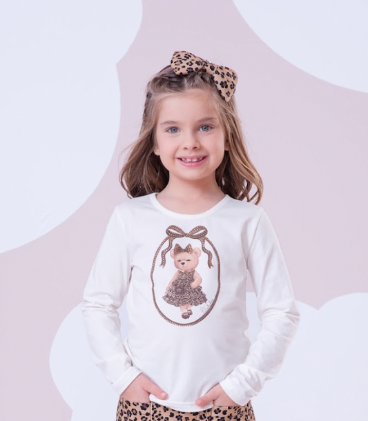 Blusa Infantil Cotton Ursinha Moldura Cristais Off White - Pituchinhus
