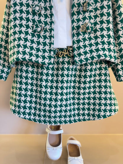 Conjunto Infantil Trio Casaco Tweed Xadrez, Camisa Gola Babados Rendas e Saia Tweed Xadrez - Animê