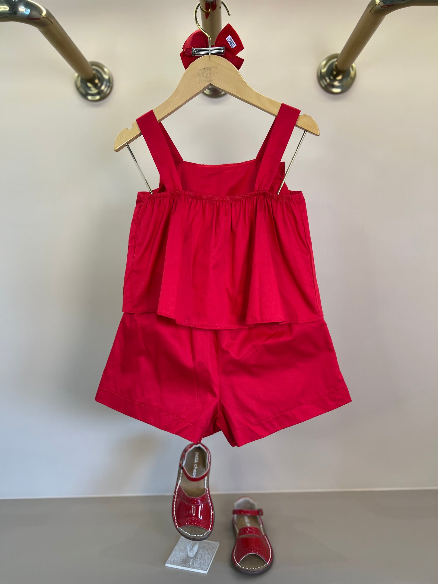 Conjunto Infantil Algodão Vermelho Blusa Pingente Laço e Shorts - Petit Cherie
