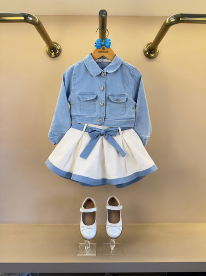 Conjunto Infantil Casaco Jeans e Saia de Pregas Branco - Gabriela Aquarela