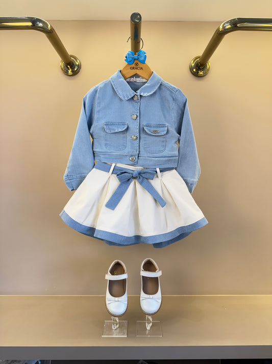 Conjunto Infantil Casaco Jeans e Saia de Pregas Branco - Gabriela Aquarela