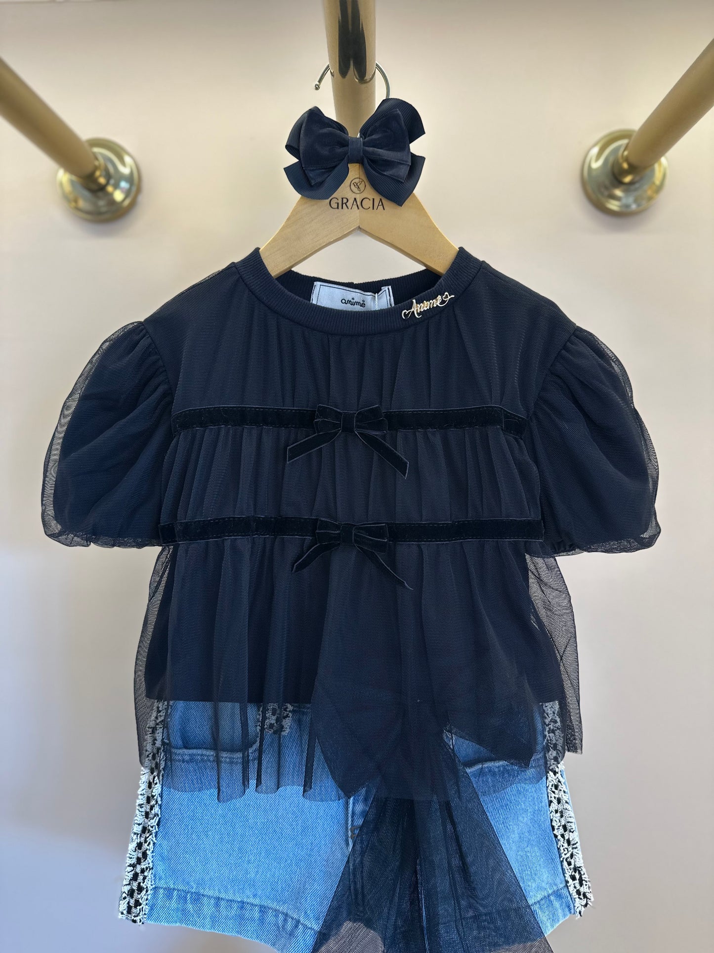 Conjunto Infantil BlusaTule Laço Veludo Preta e Shorts Jeans Laço Preto - Animê