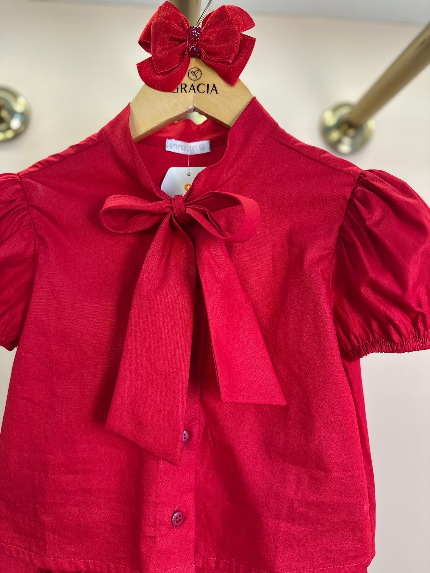 Conjunto Infantil Camisa e Shorts Clássico Algodão Babados Vermelho - Um Mais Um