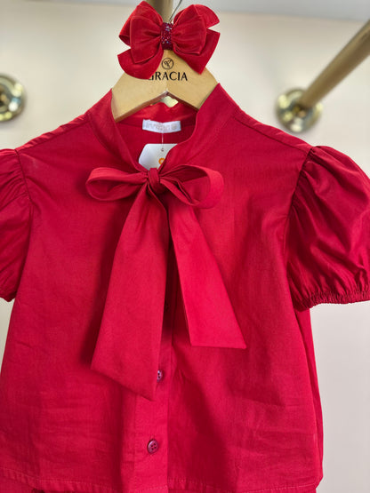 Conjunto Infantil Camisa e Shorts Clássico Algodão Babados Vermelho - Um Mais Um