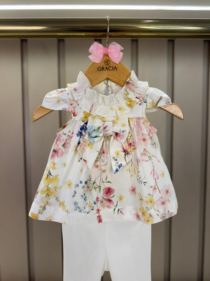Conjunto Bebê Bata Tricoline Bordada Floral Candy e Legging Off White - Um Mais Um