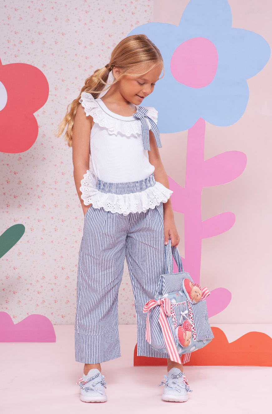 Conjunto Infantil Blusa Babado com Laço e Calça Reta Listrado - Pituchinhus