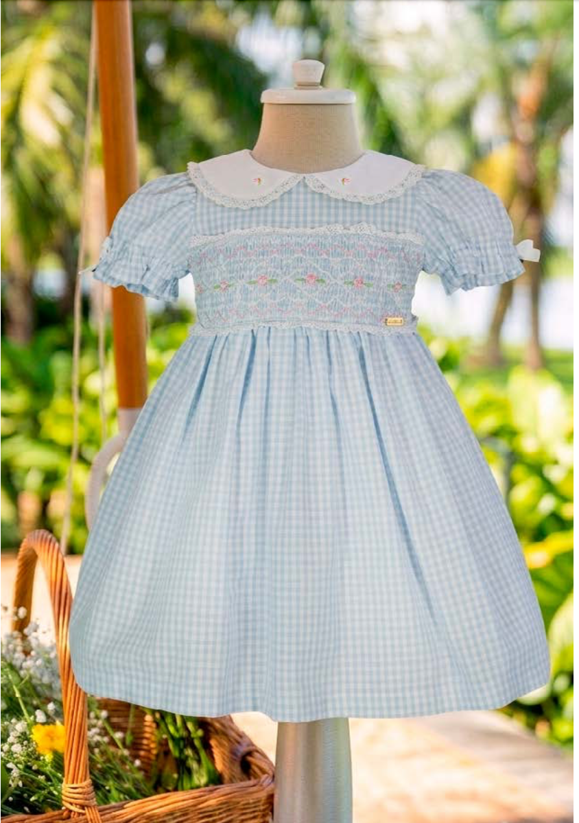 Vestido Infantil Azul com Xadrez Vichy e Gola Bordada - Roana