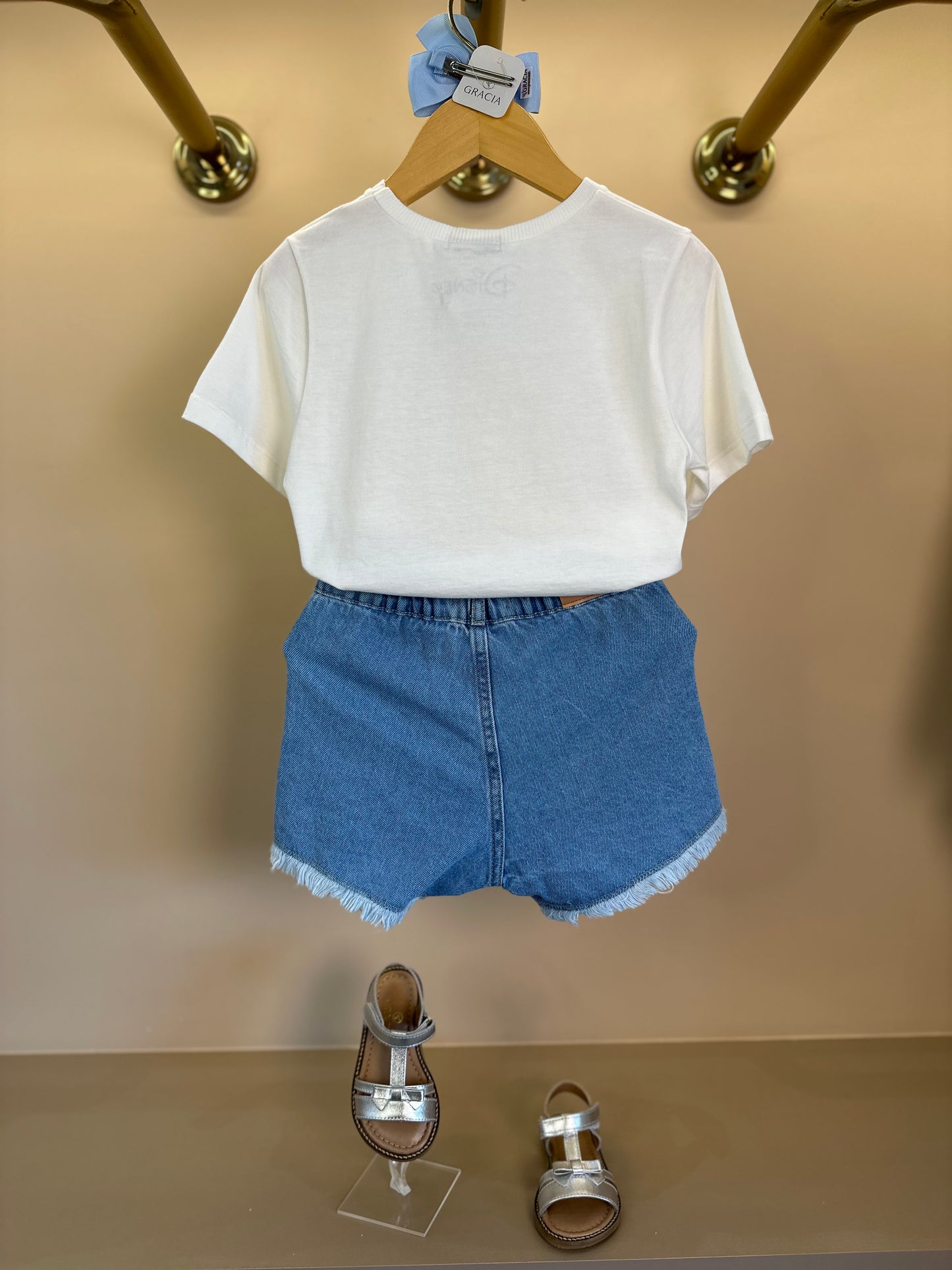 Conjunto Infantil Blusa Daisy Vestido Babadinho e Shorts Jeans Apliques Florzinhas - Momi