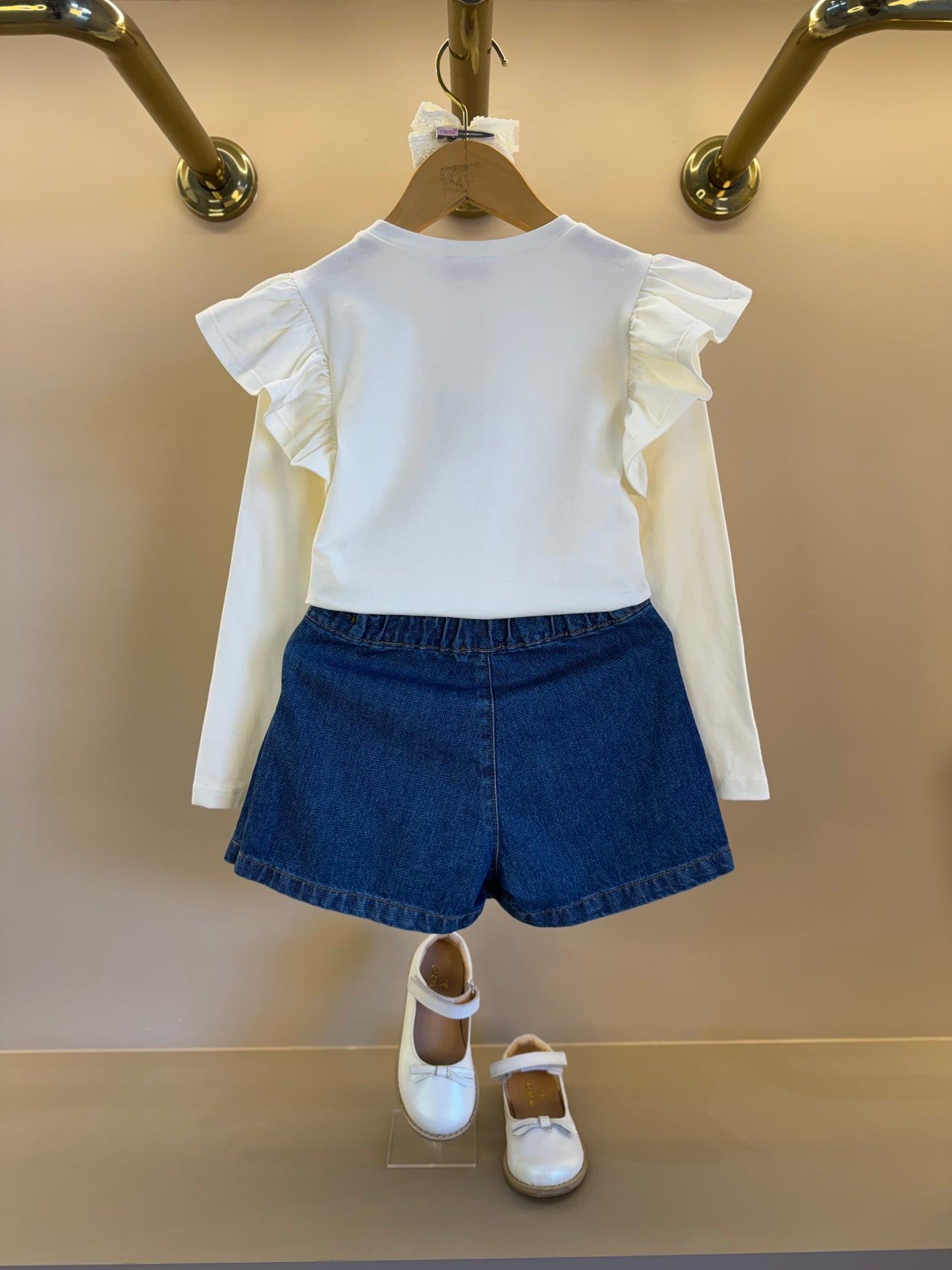 Conjunto Infantil Blusa ML Laço e Saia-shorts Jeans Pochete Laço Pérolas - Luluzinha