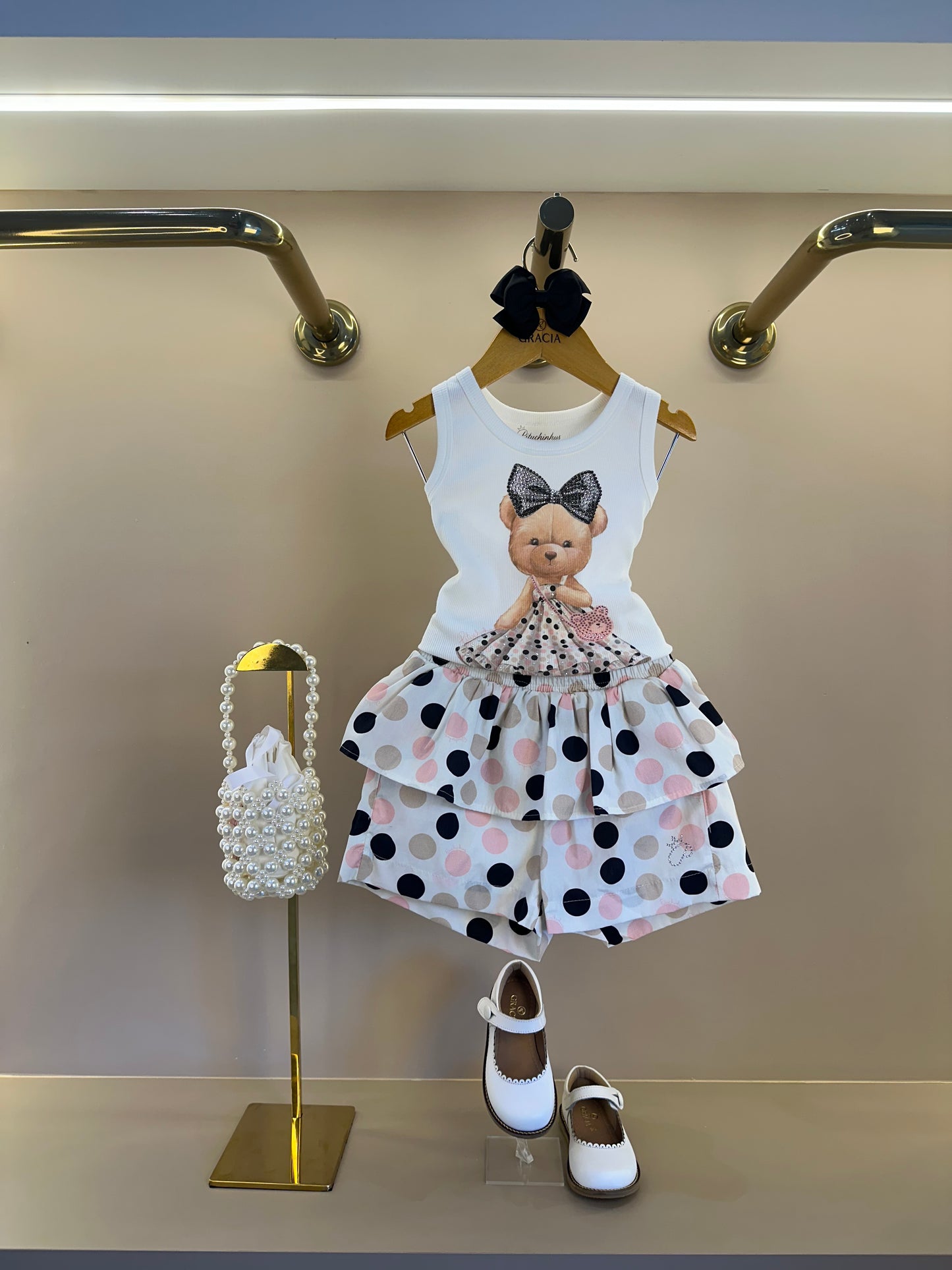 Conjunto Infantil Regata Ursinha Vestido de Poá e Short Com Babados Algodão Estampa Poá Colorido - Pituchinhus