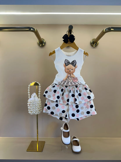 Conjunto Infantil Regata Ursinha Vestido de Poá e Short Com Babados Algodão Estampa Poá Colorido - Pituchinhus