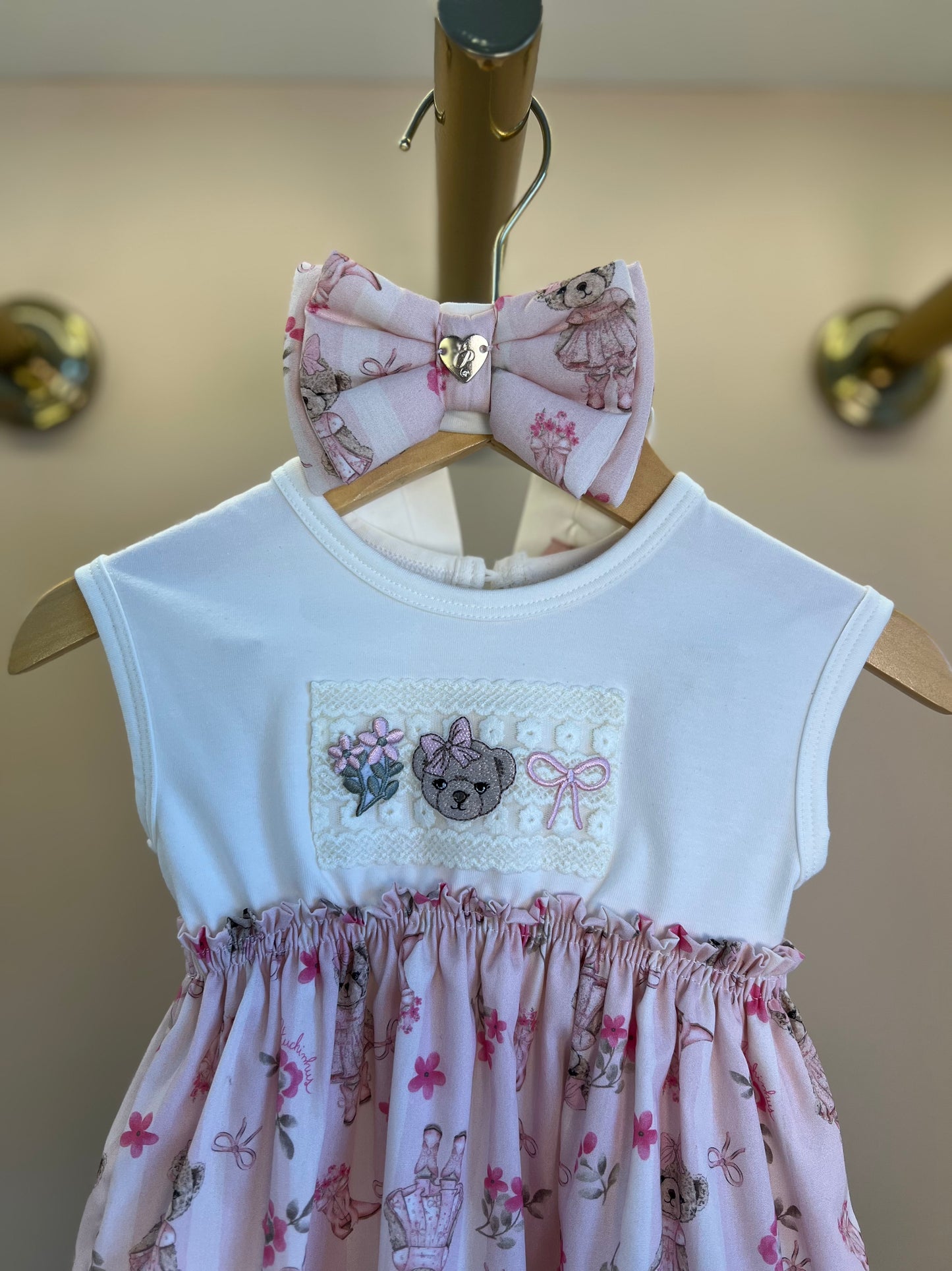 Vestido Bebê Algodão Listrado e Saia com Calcinha Flores & Ursinhas - Pituchinhus