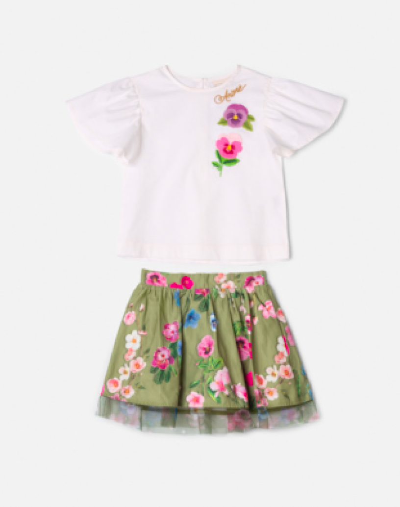 Conjunto Infantil Blusa Off White e Saia Conceito Tule Floral Bordado Verde Forest - Animê
