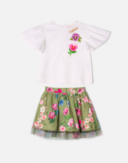 Conjunto Infantil Blusa Off White e Saia Conceito Tule Floral Bordado Verde Forest - Animê