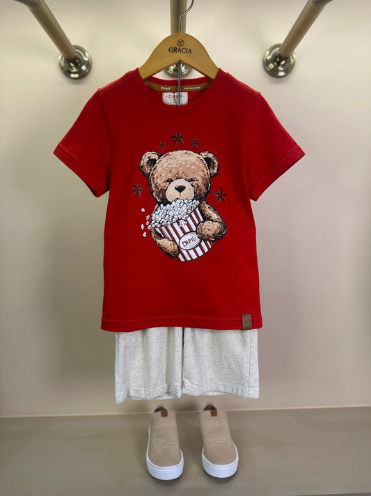 Conjunto Infantil Camiseta Teddy Pipoca e Bermuda Linho Elastano Bege - Dame