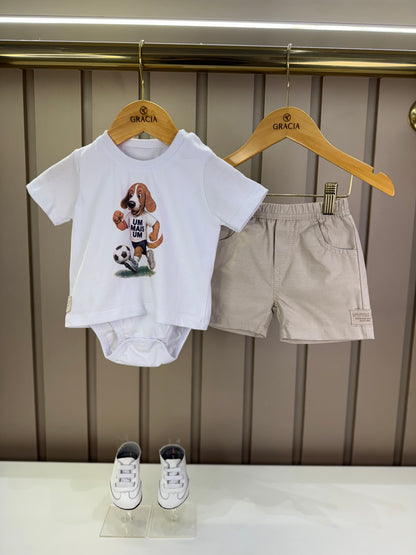 Conjunto Bebê Camiseta-Body Cachorrinho Futebol e Bermuda Bege - Um Mais Um