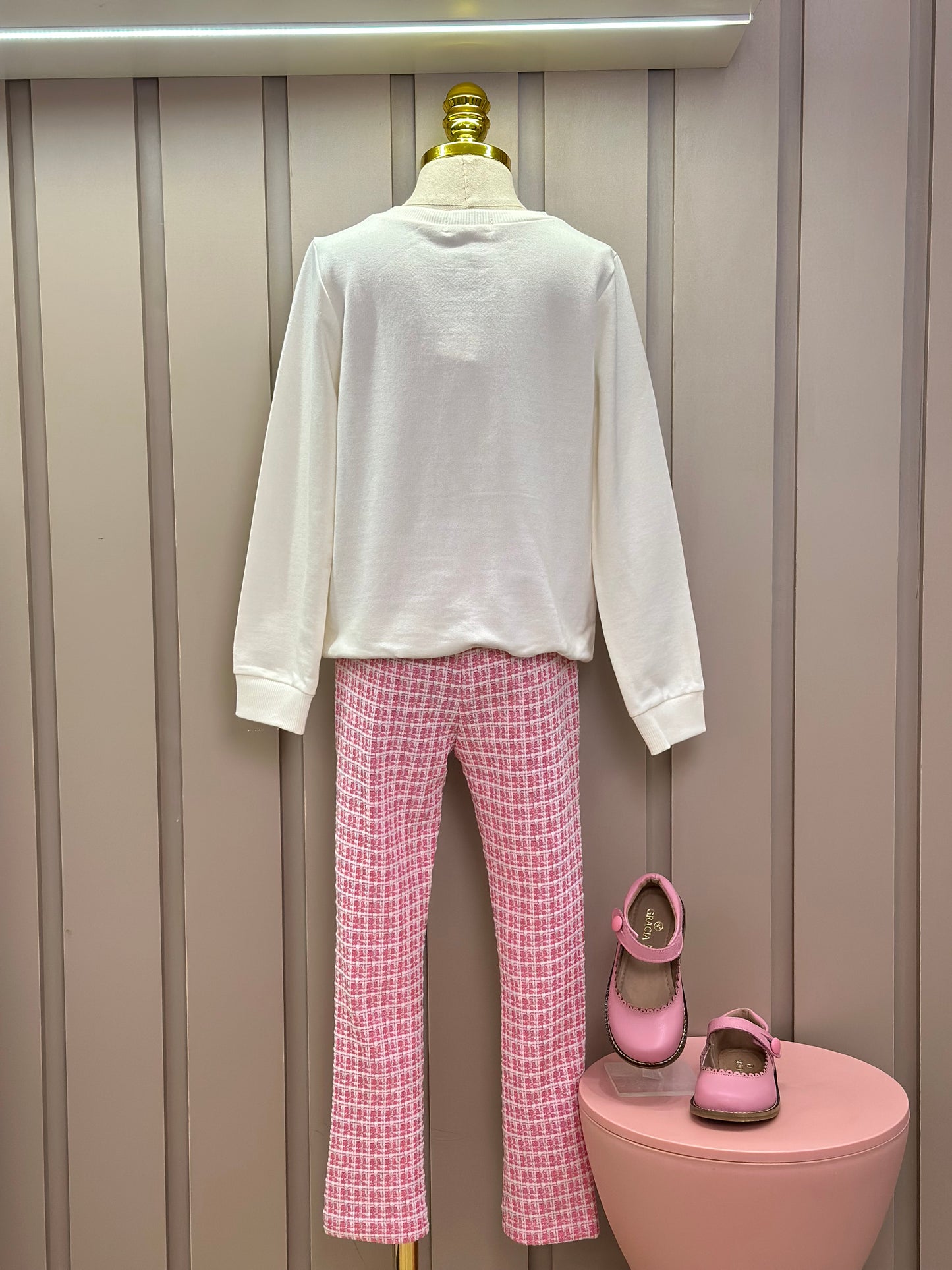 Conjunto Infantil Blusa Ursinha Paris e Legging Malha Tweed Rosa - Momi