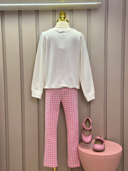 Conjunto Infantil Blusa Ursinha Paris e Legging Malha Tweed Rosa - Momi