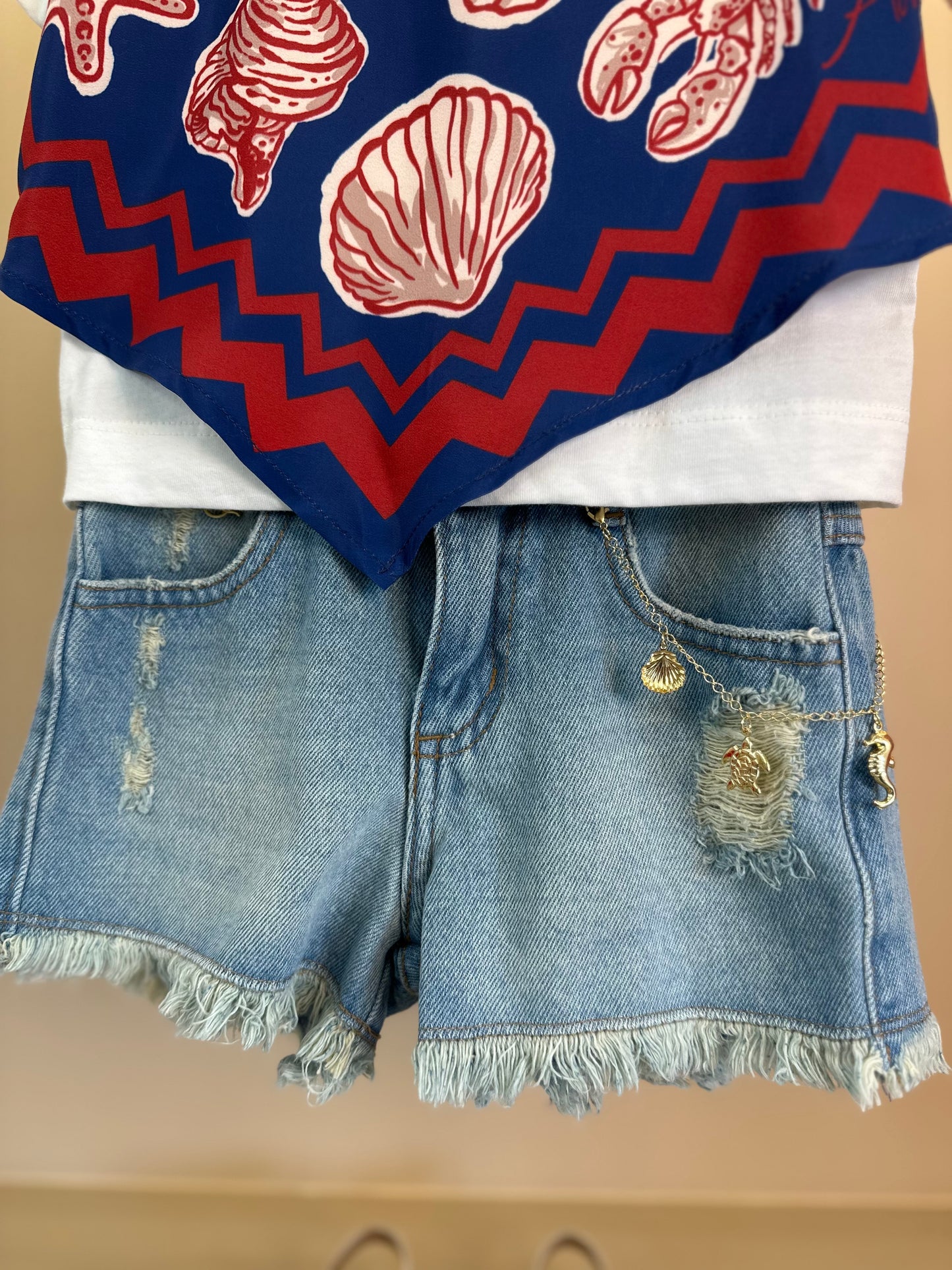 Conjunto Infantil Blusa Lenço Blue Sea e Shorts Jeans Pingentes - Animê