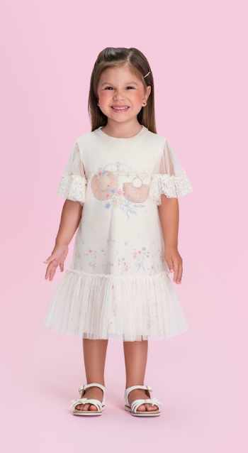 Vestido Infantil Manga Tule Floral e Strass - Petit Cherie