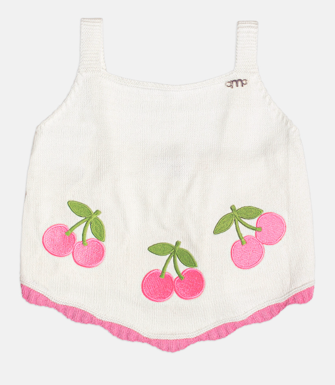 Conjunto Infantil Blusa Infantil Tricot Cerejas e  Shorts Jeans Com Pingente - Momi - Pré Venda