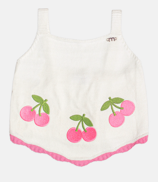 Conjunto Infantil Blusa Infantil Tricot Cerejas e  Shorts Jeans Com Pingente - Momi - Pré Venda