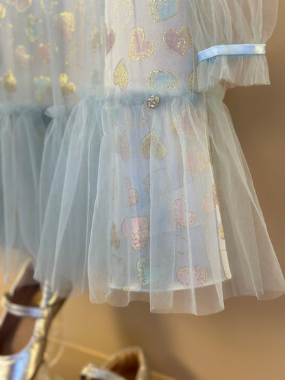 Vestido Infantil Trapézio ML Tule Jacquard Corações Azul - Petit Cherie