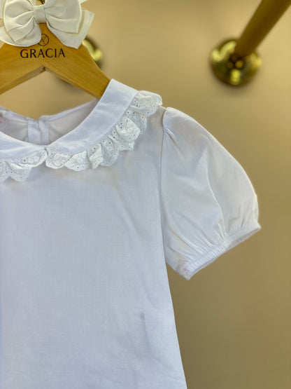 Salopete Infantil Pied Poule Laço com Camisa Gola Babadinho Branca  - Gabriela Aquarela