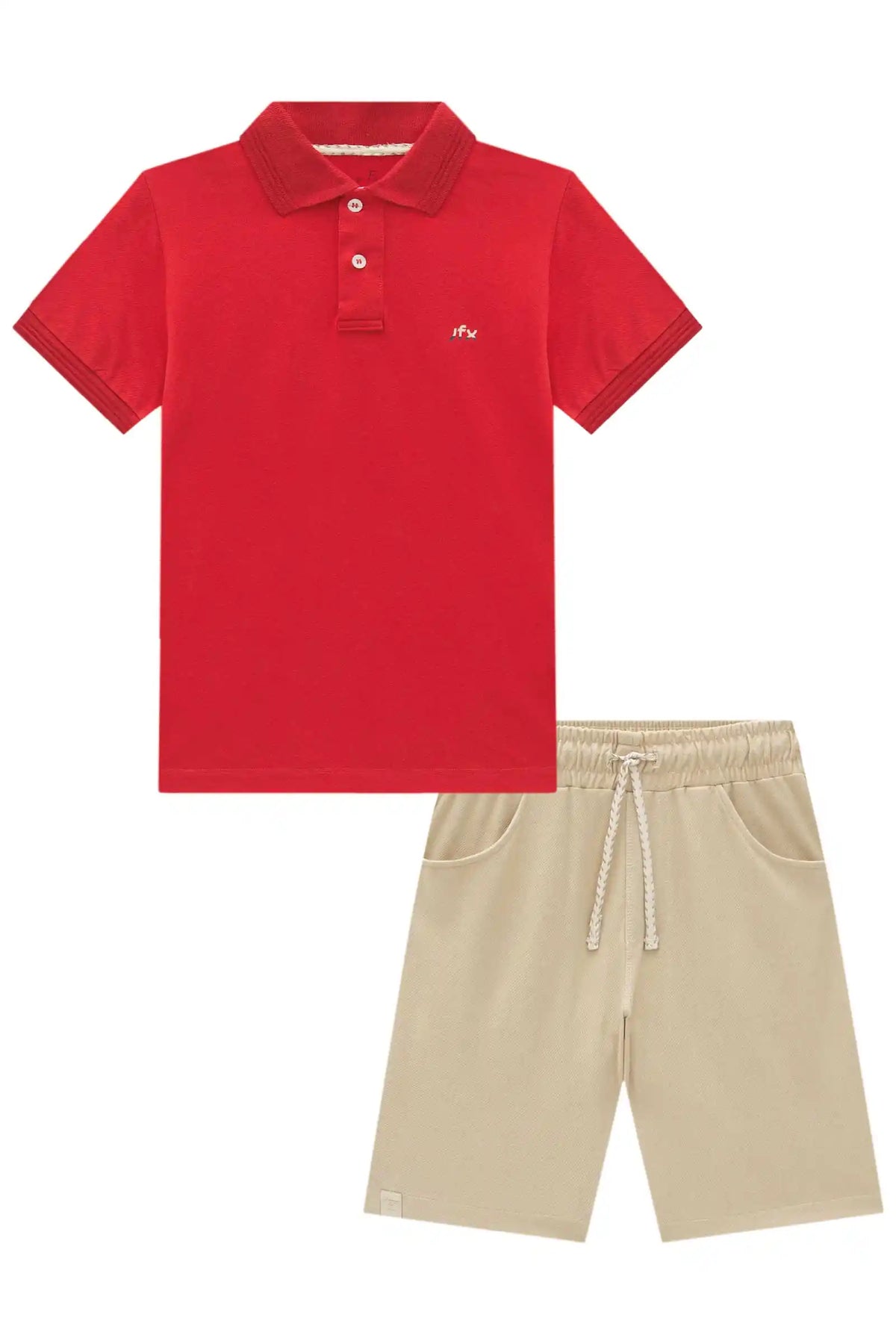 Conjunto Infantil Polo Vermelha e Bermuda Bege - Little Johnny