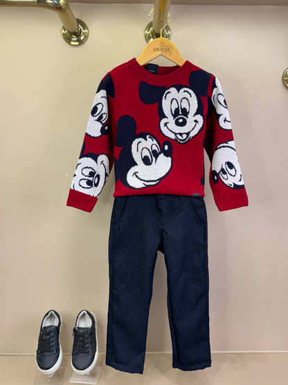 Conjunto Infantil Casaco Tricô Mickey Vermelho e Calça Jeans Leve Casual Marinho - Youccie
