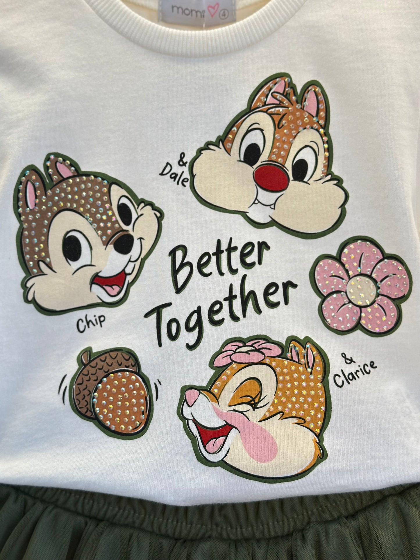 Conjunto Infantil Blusa Tico e Teco Better Together Strass Pérola e Saia Tule Verde Musgo - Momi