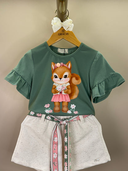 Conjunto Infantil Blusa Boxy Esquila de Lacinho e Shorts Verde Ultramarine - Infanti