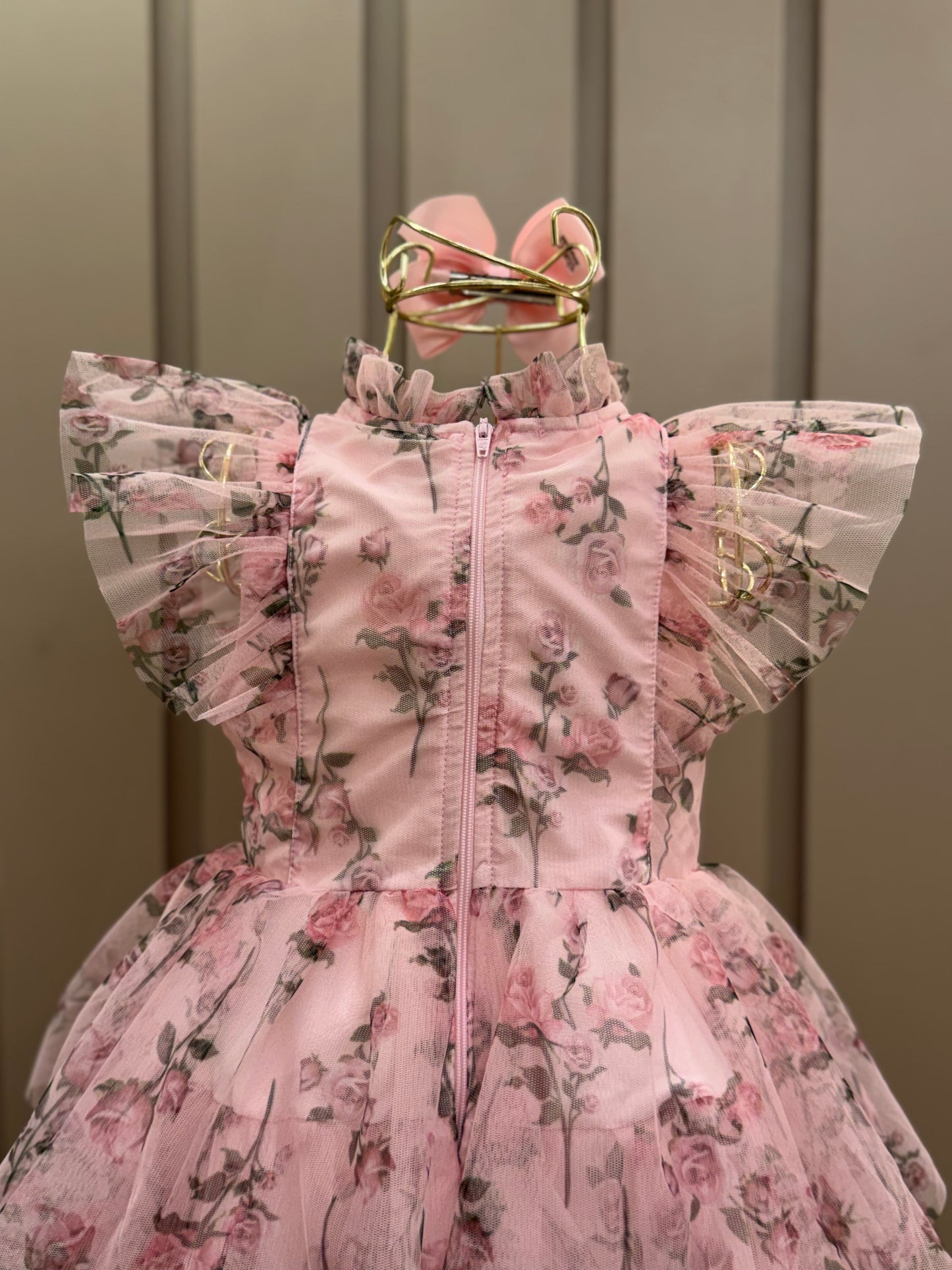 Vestido Infantil Festa Princesa Tule Floral Rodado Rosa - Luluzinha