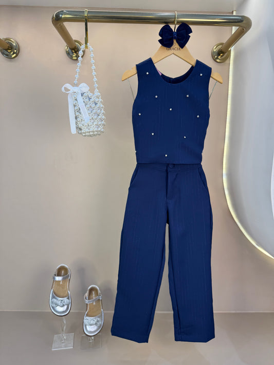 Conjunto Infantil Alfaiataria Blusa com Strass e Calça Risca de Giz - Luluzinha