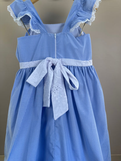 Vestido Infantil Tricoline Azul Listrado Laço Com Limões e Barra Em Tule - Gabriela Aquarela
