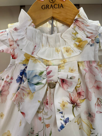 Conjunto Bebê Bata Tricoline Bordada Floral Candy e Legging Off White - Um Mais Um