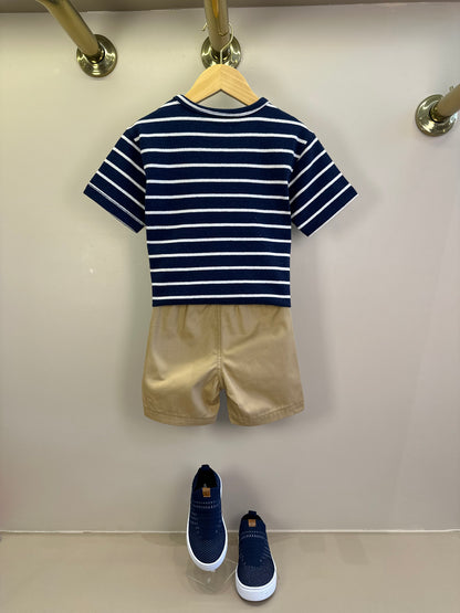 Conjunto Infantil Blusa MC Listrada Azul Marinho e Bermuda Bege - Youccie