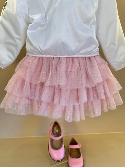 Conjunto Infantil com Casaco Bordado Floral, Blusa com Strass e Saia em Tulle Glitter - Luluzinha