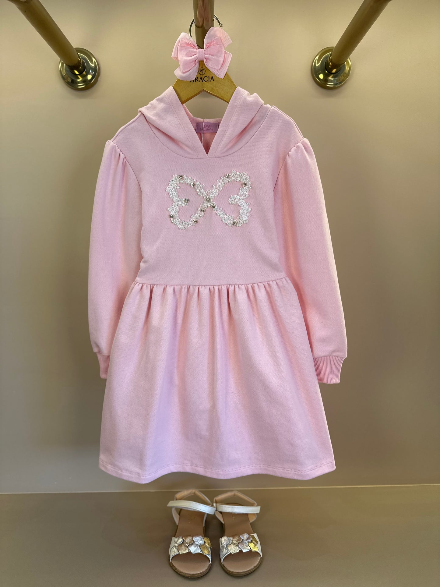 Vestido Infantil ML Moletom Rodado Capuz e Bordado Rosa - Luluzinha