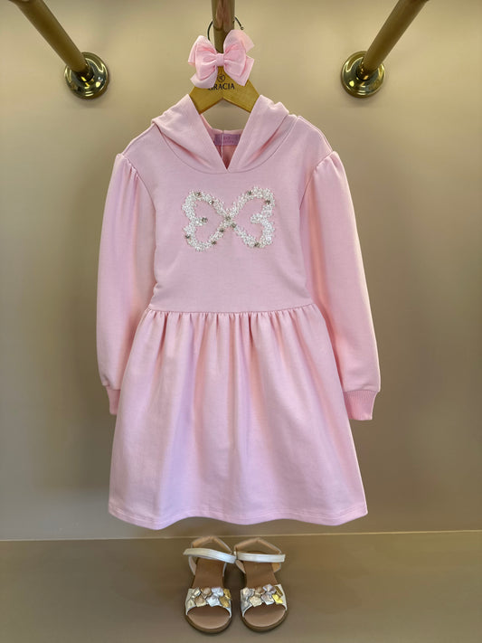 Vestido Infantil ML Moletom Rodado Capuz e Bordado Rosa - Luluzinha