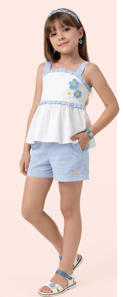 Conjunto Infantil Blusa Flor de Crochê e Shorts Alfaiataria Listrado - Luluzinha